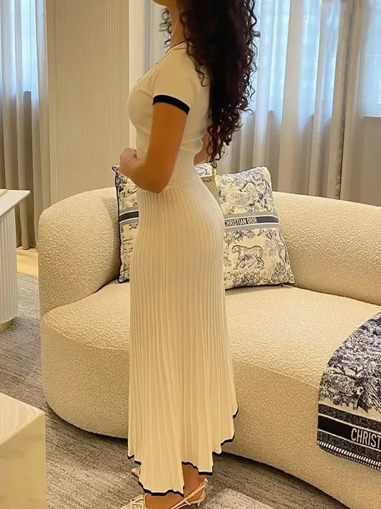 2024 White Long Skirt Pleated V Neck Crop Top Elegant Office Summer Dress