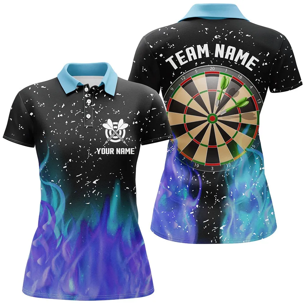 3D Blue And Purple Fire Dartboard Women Darts Polo Shirts Custom Dart Shirts For Team Dart Jerseys, Custom Team Dart Shirts