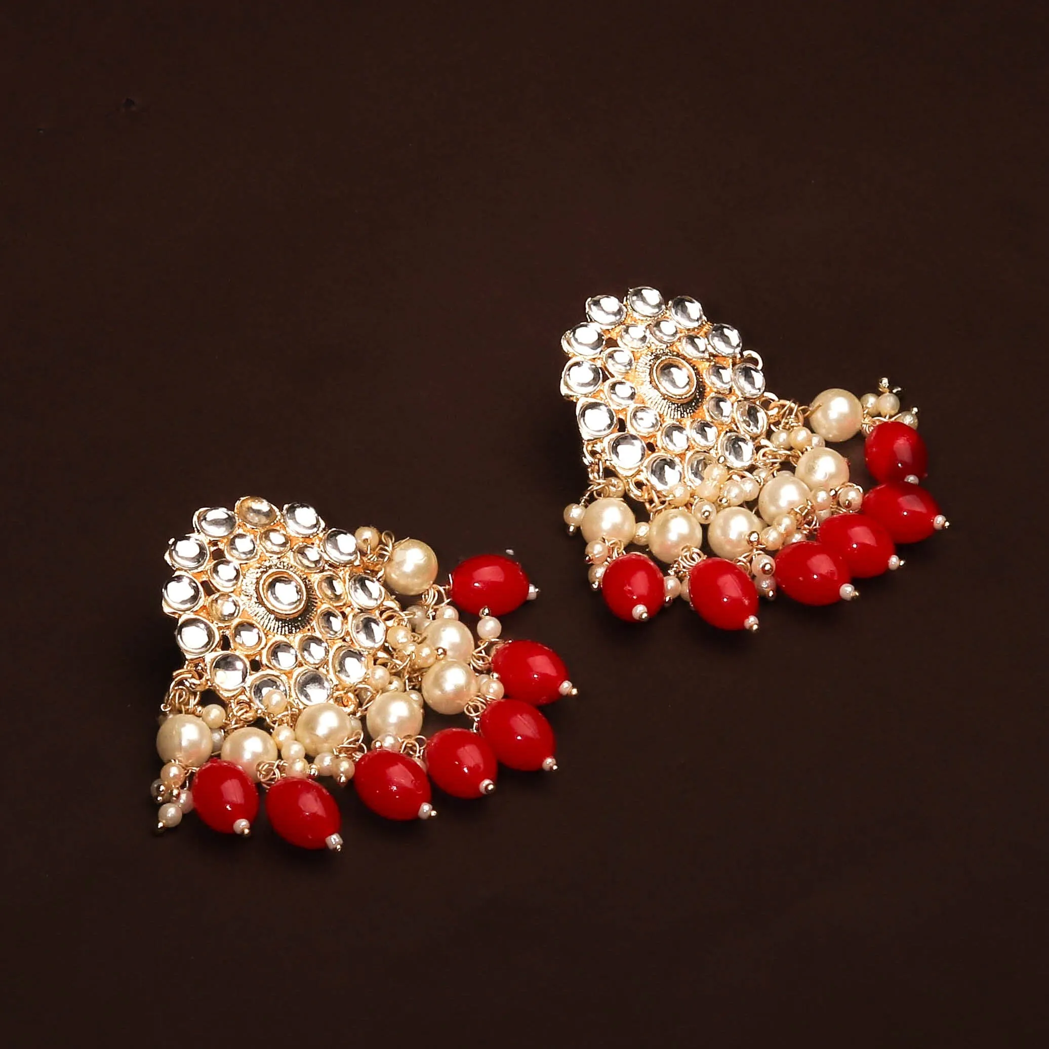 Adorable Kundan With Pearls and Red Beads Earrings For Women