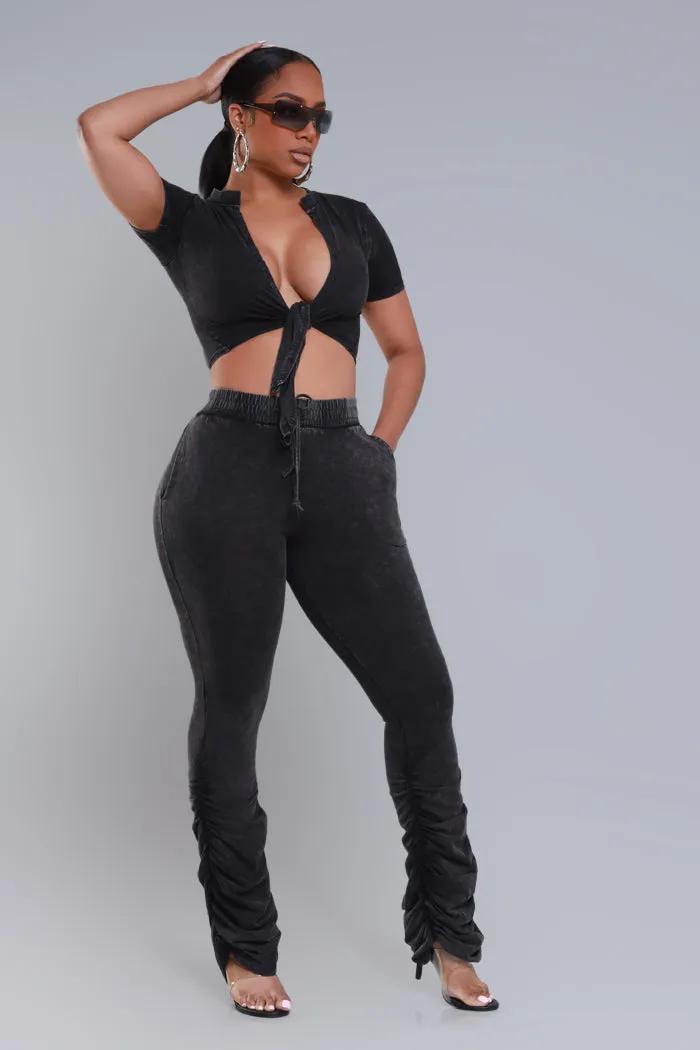 All To Myself Cropped Ruched Pants Set - Black Mineral Wash