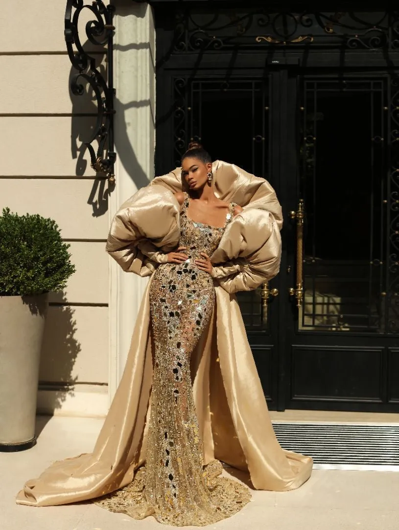 Ana Elegant Long Puff Sleeves Golden Evening Dress