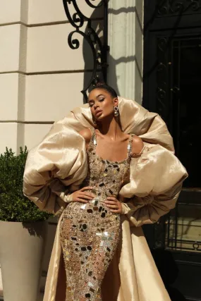 Ana Elegant Long Puff Sleeves Golden Evening Dress
