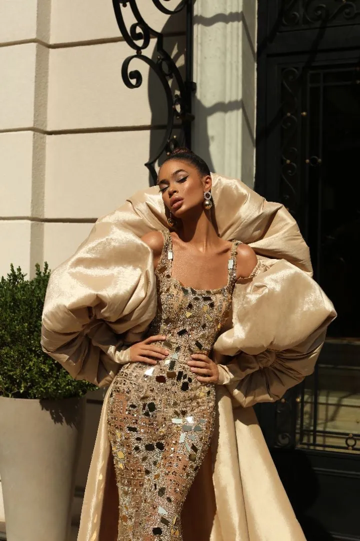 Ana Elegant Long Puff Sleeves Golden Evening Dress