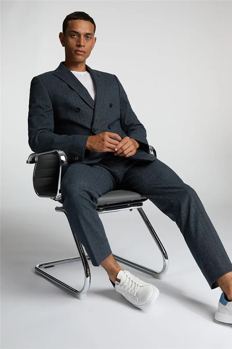 ANTIQUE ROGUE Aiforce Double Breasted 
Slim Fit Navy Texture Suit