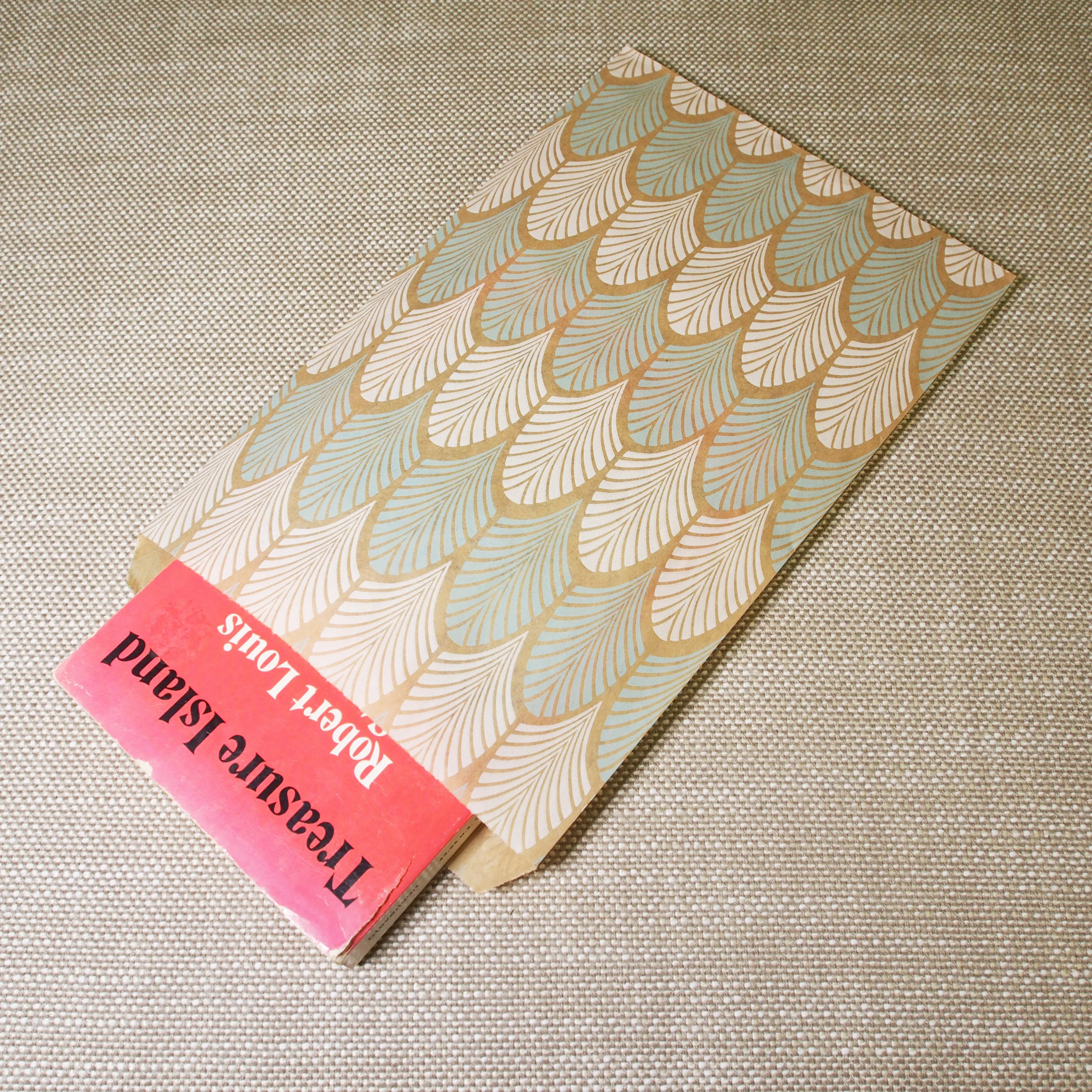 Baby-Blue Leaf Pattern on Natural Kraft Flat Bags - Decorative Flat Paper Gift Bags