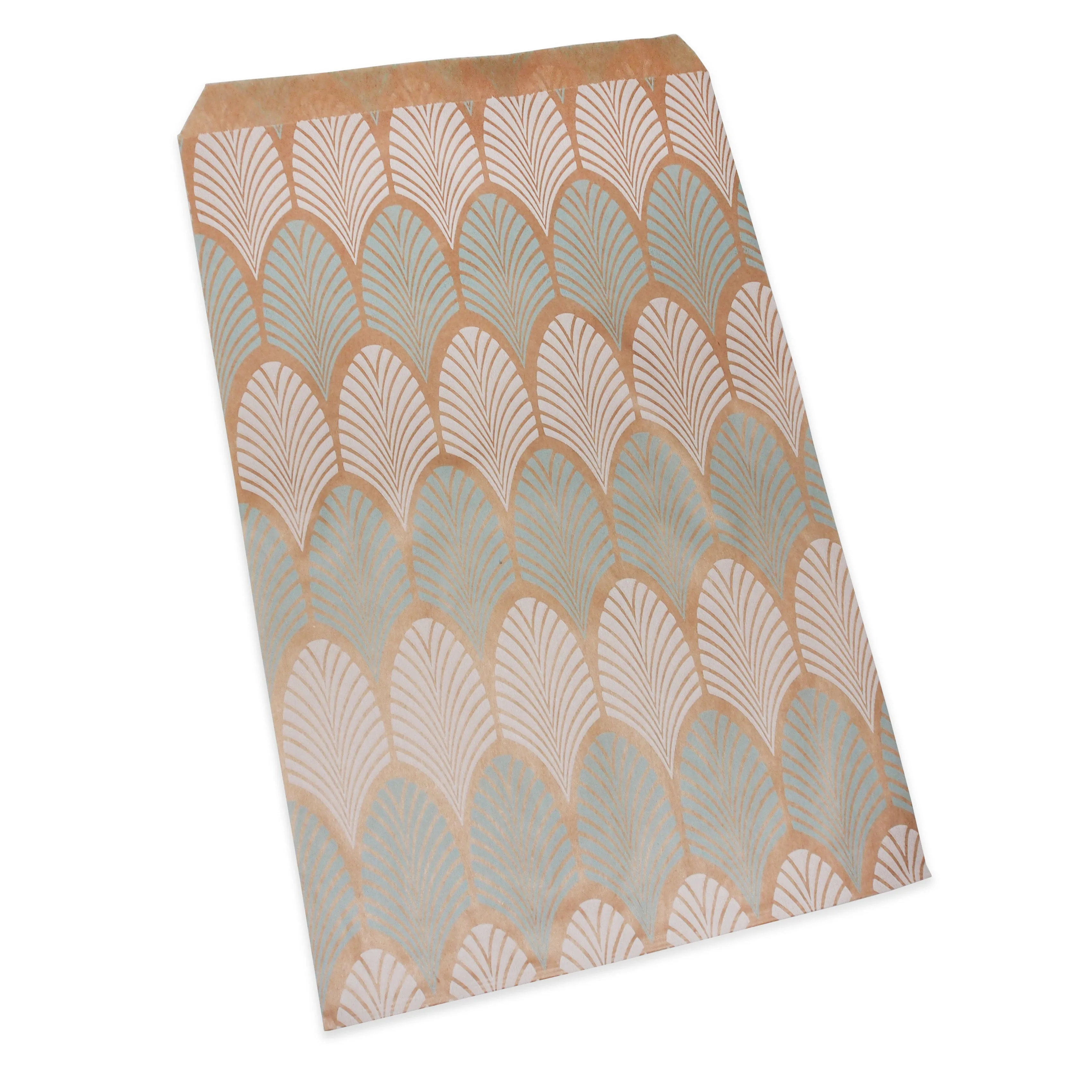 Baby-Blue Leaf Pattern on Natural Kraft Flat Bags - Decorative Flat Paper Gift Bags