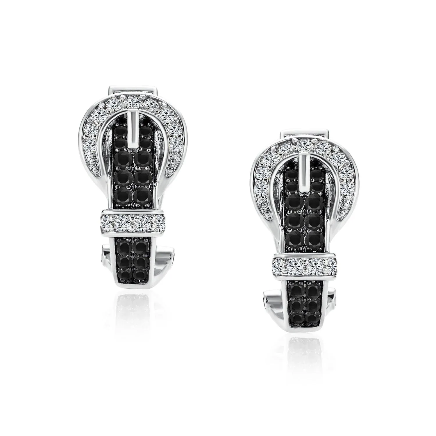 Black Brown Blue CZ Buckle Belt Small Medium Hoop Earrings Omega Back