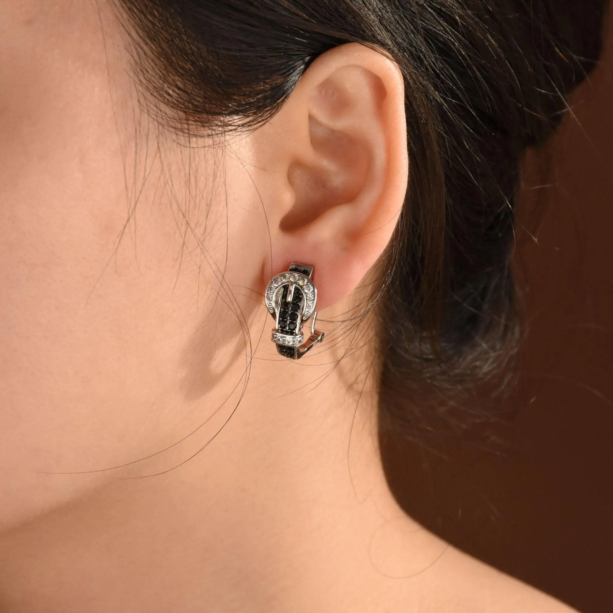 Black Brown Blue CZ Buckle Belt Small Medium Hoop Earrings Omega Back