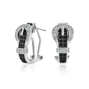 Black Brown Blue CZ Buckle Belt Small Medium Hoop Earrings Omega Back