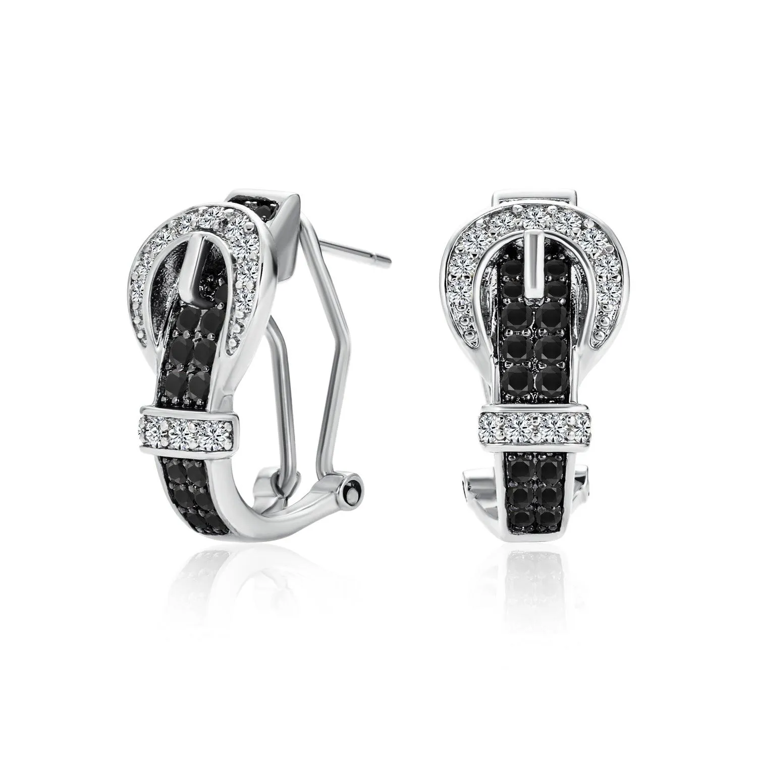 Black Brown Blue CZ Buckle Belt Small Medium Hoop Earrings Omega Back