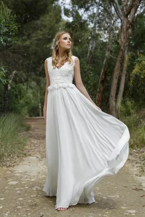 Casual Boho Chiffon Wedding Gown with  Lace V-neckline