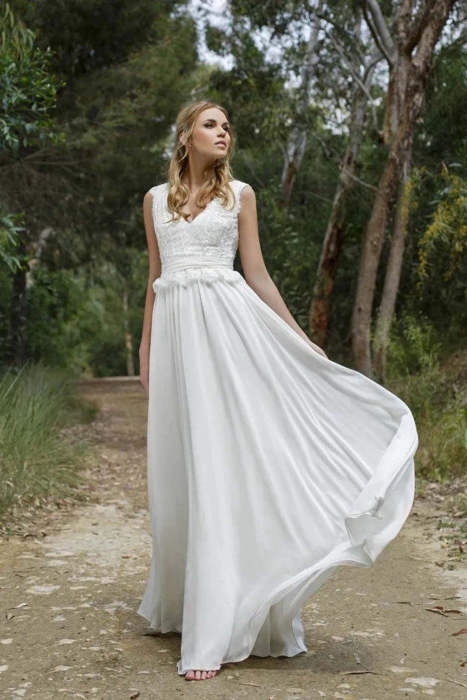 Casual Boho Chiffon Wedding Gown with  Lace V-neckline