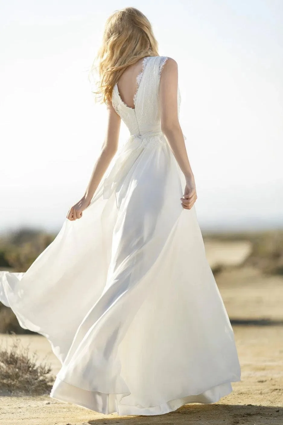 Casual Boho Chiffon Wedding Gown with  Lace V-neckline