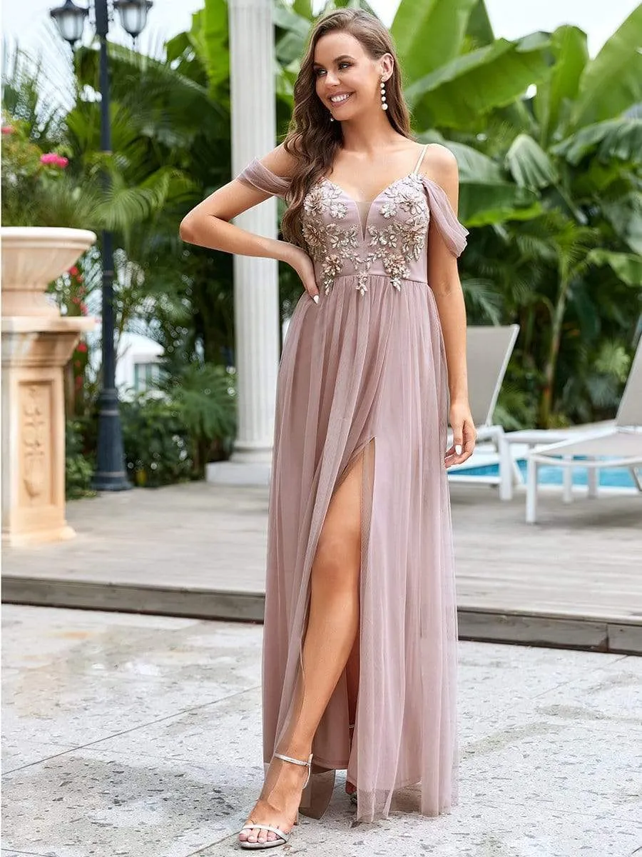 Cold Shoulder Floral Applique Tulle Evening Dress