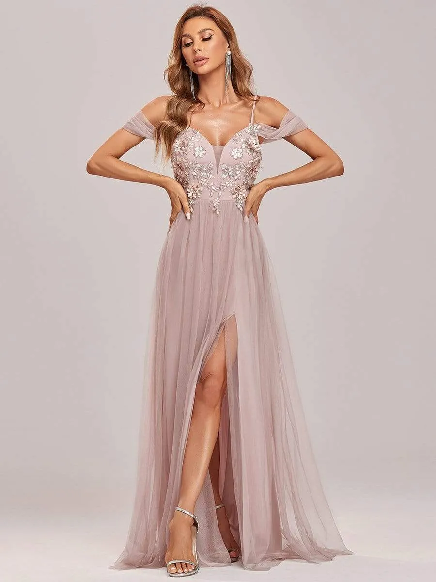 Cold Shoulder Floral Applique Tulle Evening Dress