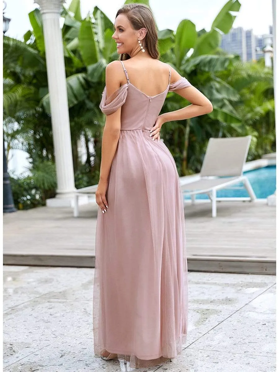 Cold Shoulder Floral Applique Tulle Evening Dress