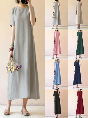 Dunnmall Plus Size Vintage Linen Shirt Dress Short Sleeve Solid Loose Party Beach Maxi Long Dress