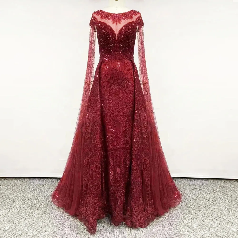 Elegant Green Mermaid Lace Evening Night Dress for Woman 2024 O Neck Crystal Long Cape Sleeves Formal Prom Wedding Party Gowns