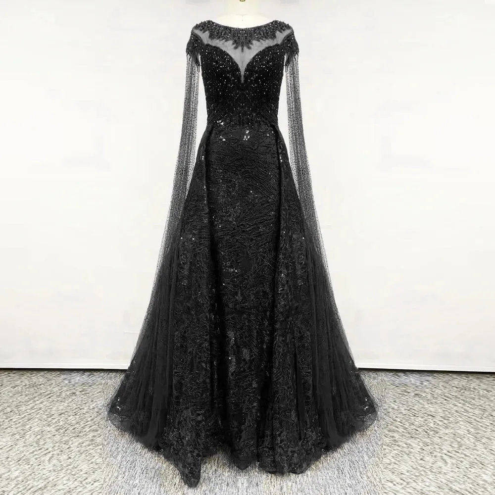 Elegant Green Mermaid Lace Evening Night Dress for Woman 2024 O Neck Crystal Long Cape Sleeves Formal Prom Wedding Party Gowns