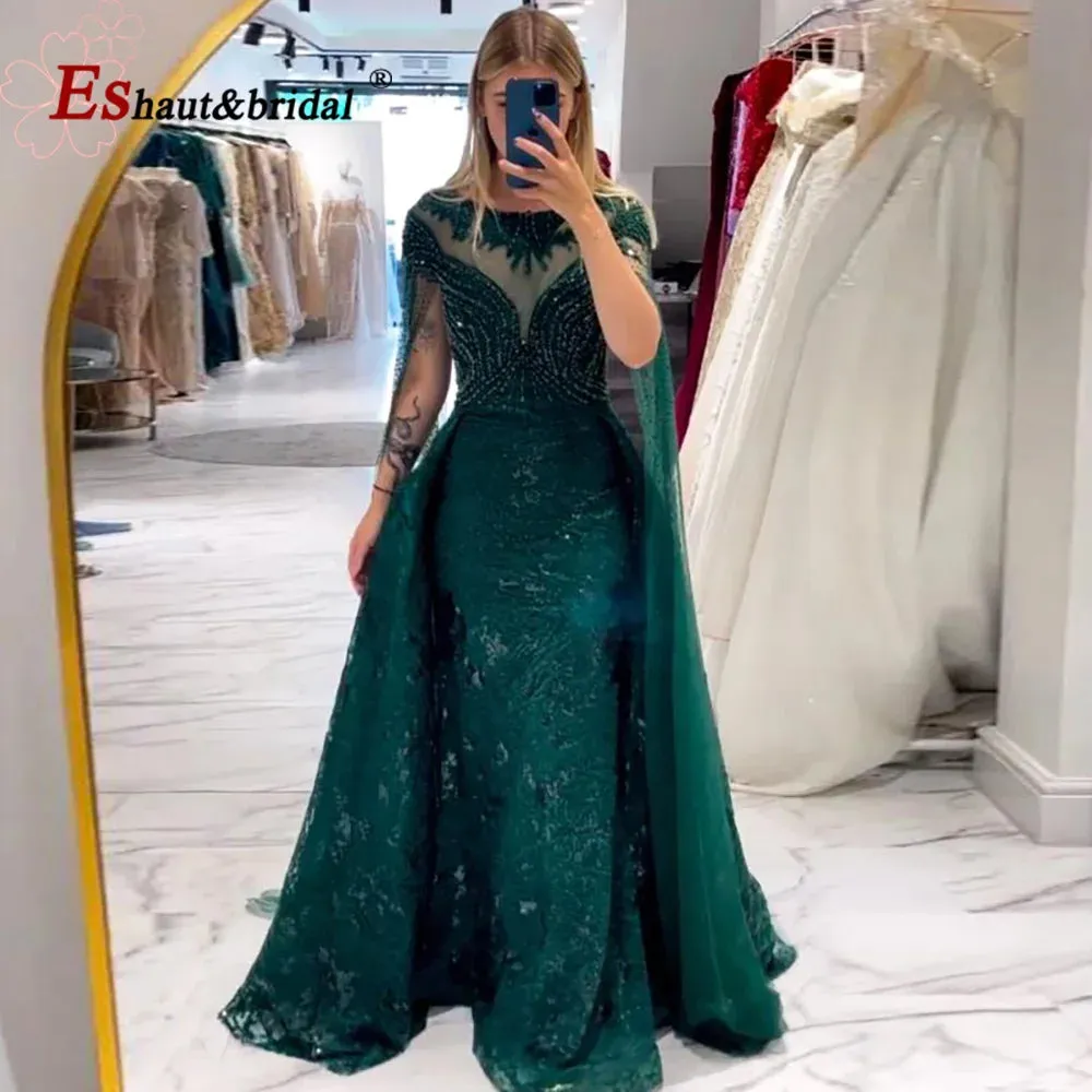 Elegant Green Mermaid Lace Evening Night Dress for Woman 2024 O Neck Crystal Long Cape Sleeves Formal Prom Wedding Party Gowns