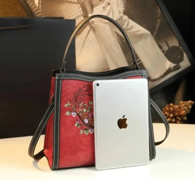 Embroidered Genuine Leather Sling Bag