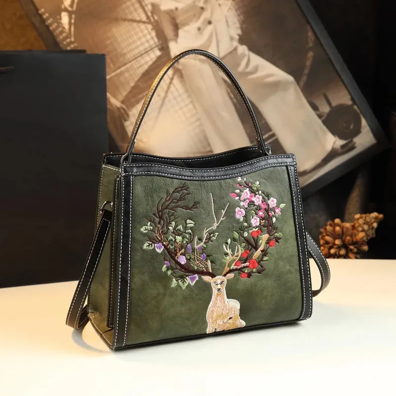 Embroidered Genuine Leather Sling Bag