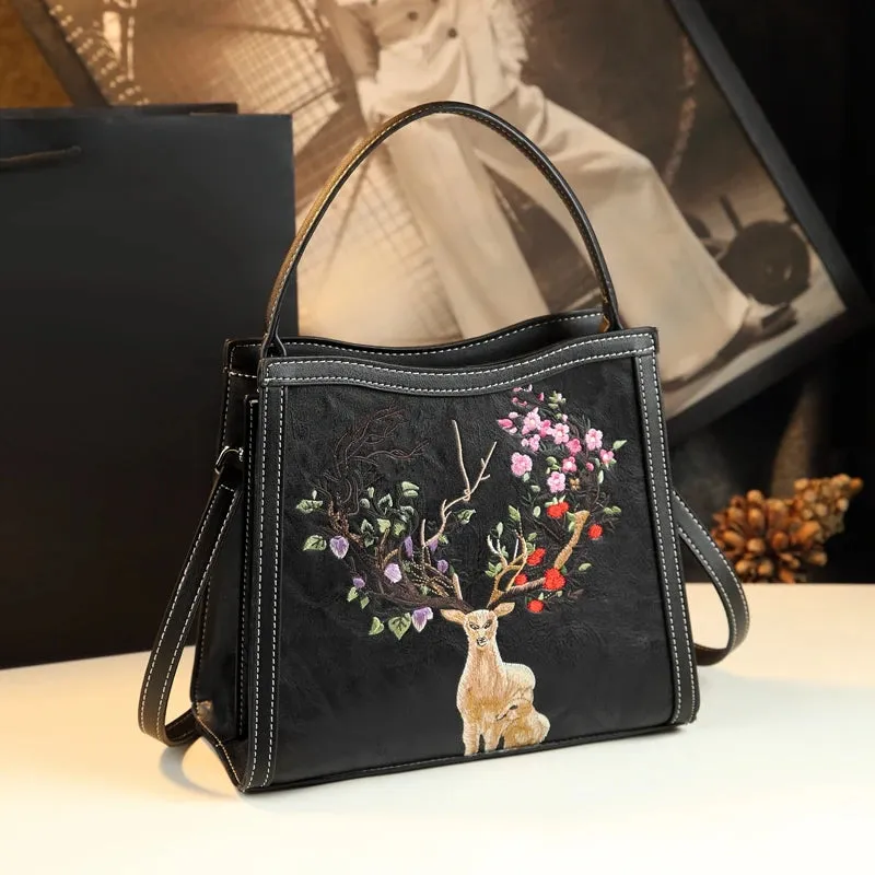 Embroidered Genuine Leather Sling Bag
