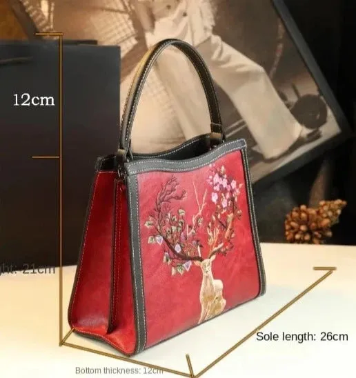 Embroidered Genuine Leather Sling Bag