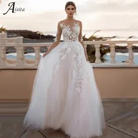 Floral Appliques Wedding Dresses Three Quarter Scoop Neck Backless A-Line Court Train Tulle Bridal Gowns Vestido De Novia