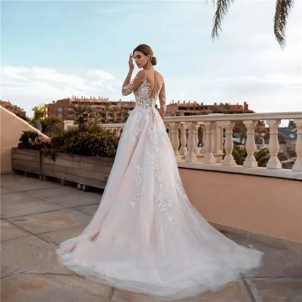 Floral Appliques Wedding Dresses Three Quarter Scoop Neck Backless A-Line Court Train Tulle Bridal Gowns Vestido De Novia