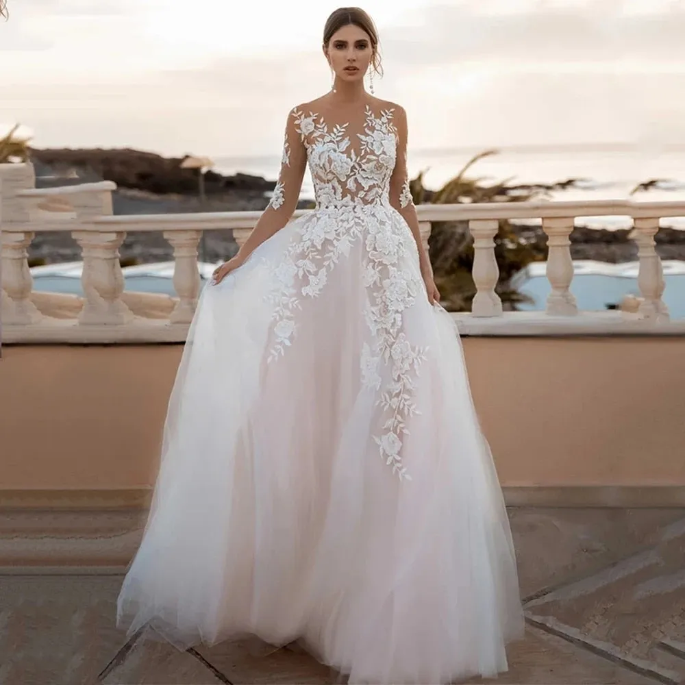 Floral Appliques Wedding Dresses Three Quarter Scoop Neck Backless A-Line Court Train Tulle Bridal Gowns Vestido De Novia