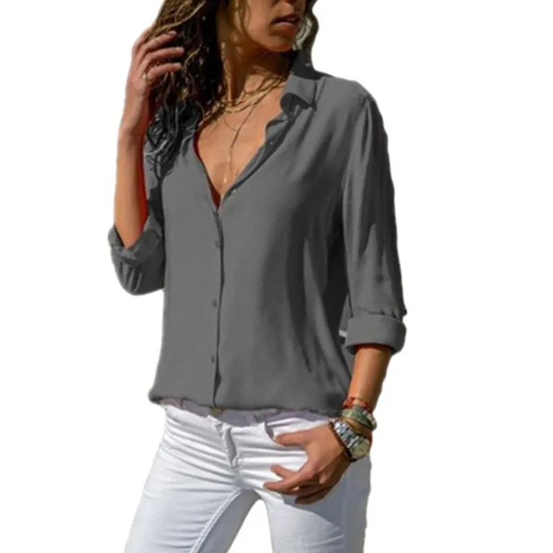 Gentillove Elegant Long Sleeve Oversized Solid V-Neck Chiffon Blouse