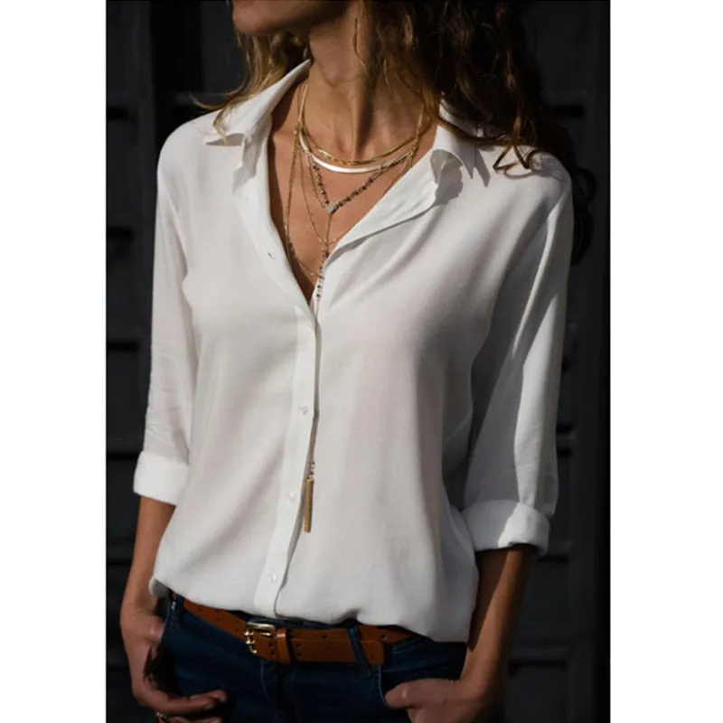Gentillove Elegant Long Sleeve Oversized Solid V-Neck Chiffon Blouse