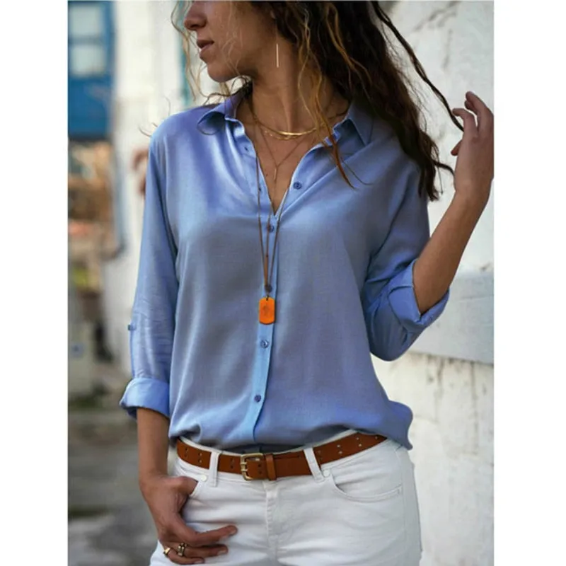 Gentillove Elegant Long Sleeve Oversized Solid V-Neck Chiffon Blouse
