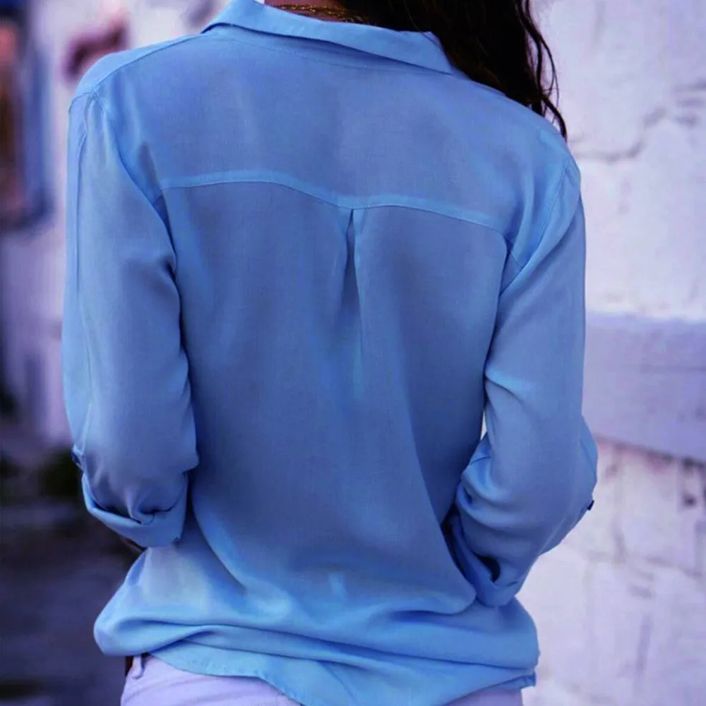 Gentillove Elegant Long Sleeve Oversized Solid V-Neck Chiffon Blouse