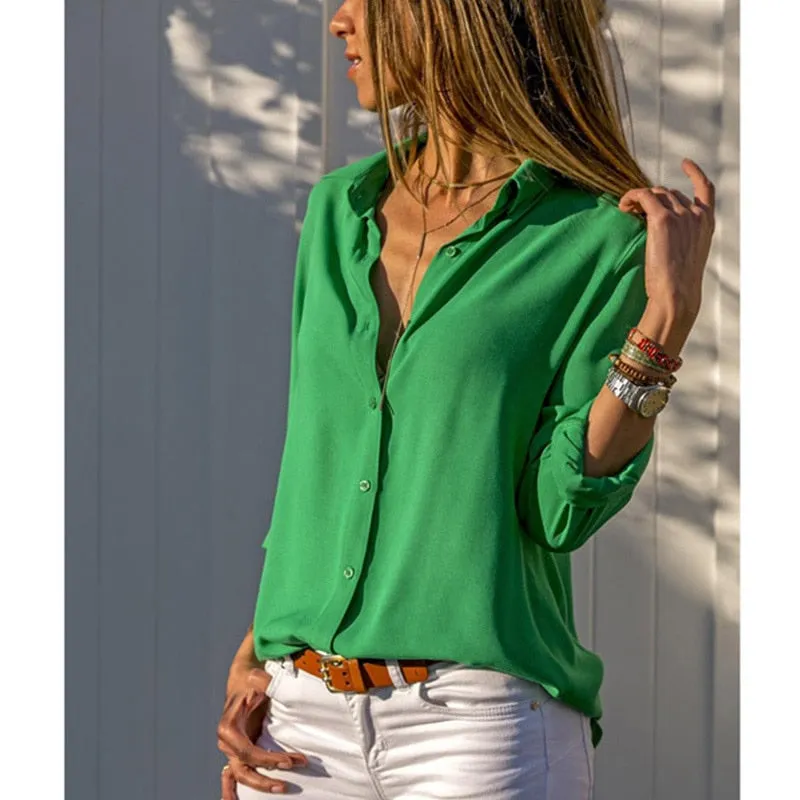 Gentillove Elegant Long Sleeve Oversized Solid V-Neck Chiffon Blouse