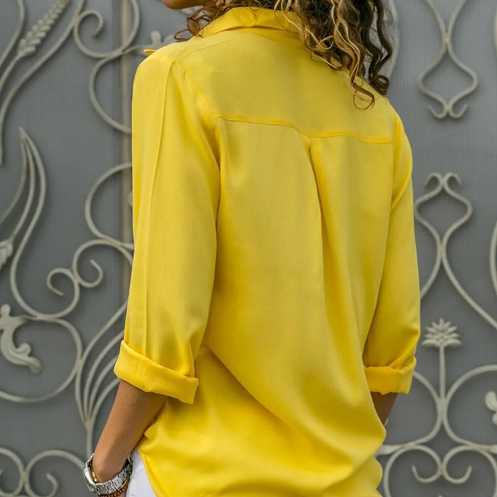 Gentillove Elegant Long Sleeve Oversized Solid V-Neck Chiffon Blouse