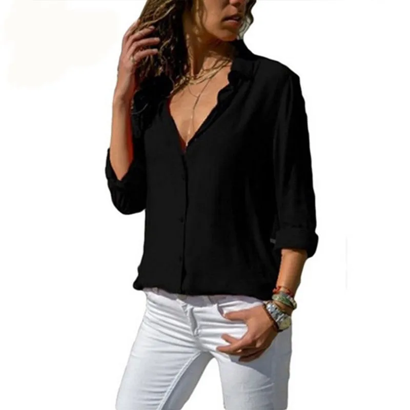 Gentillove Elegant Long Sleeve Oversized Solid V-Neck Chiffon Blouse