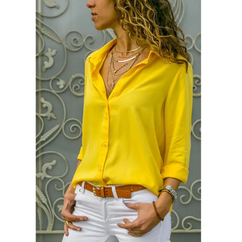 Gentillove Elegant Long Sleeve Oversized Solid V-Neck Chiffon Blouse