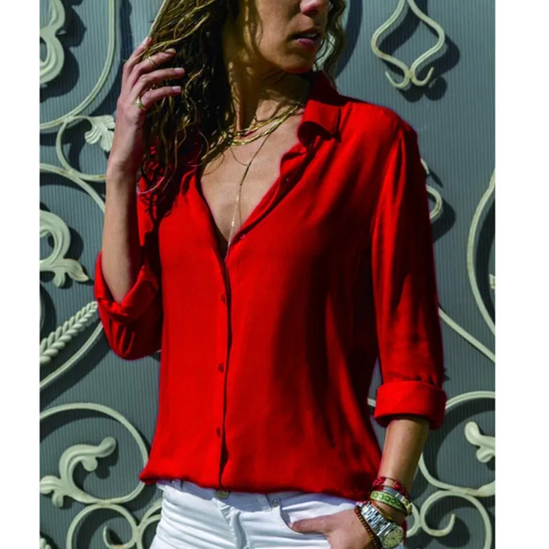 Gentillove Elegant Long Sleeve Oversized Solid V-Neck Chiffon Blouse