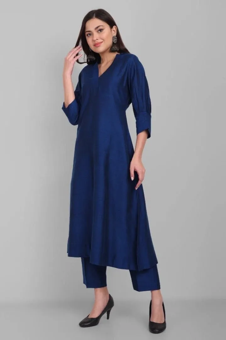 Ink Blue A line textured Cotton Silk Kurta and Pant Set