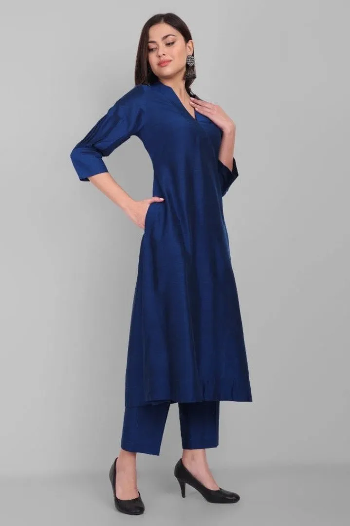 Ink Blue A line textured Cotton Silk Kurta and Pant Set