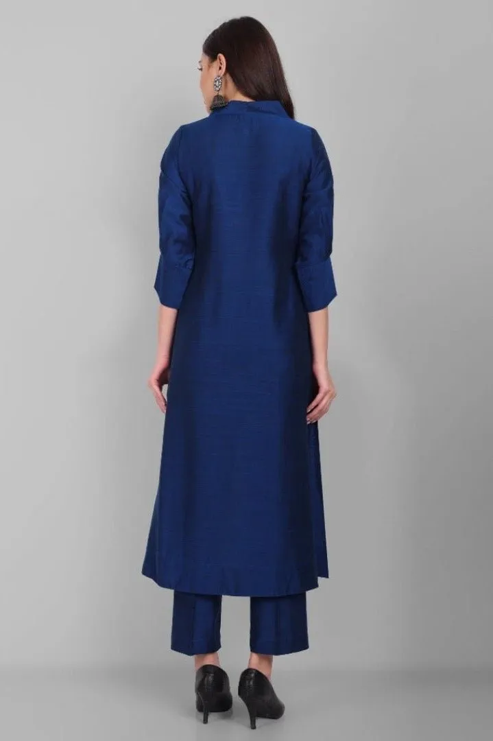 Ink Blue A line textured Cotton Silk Kurta and Pant Set