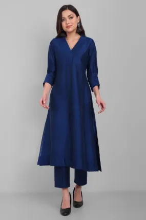 Ink Blue A line textured Cotton Silk Kurta and Pant Set