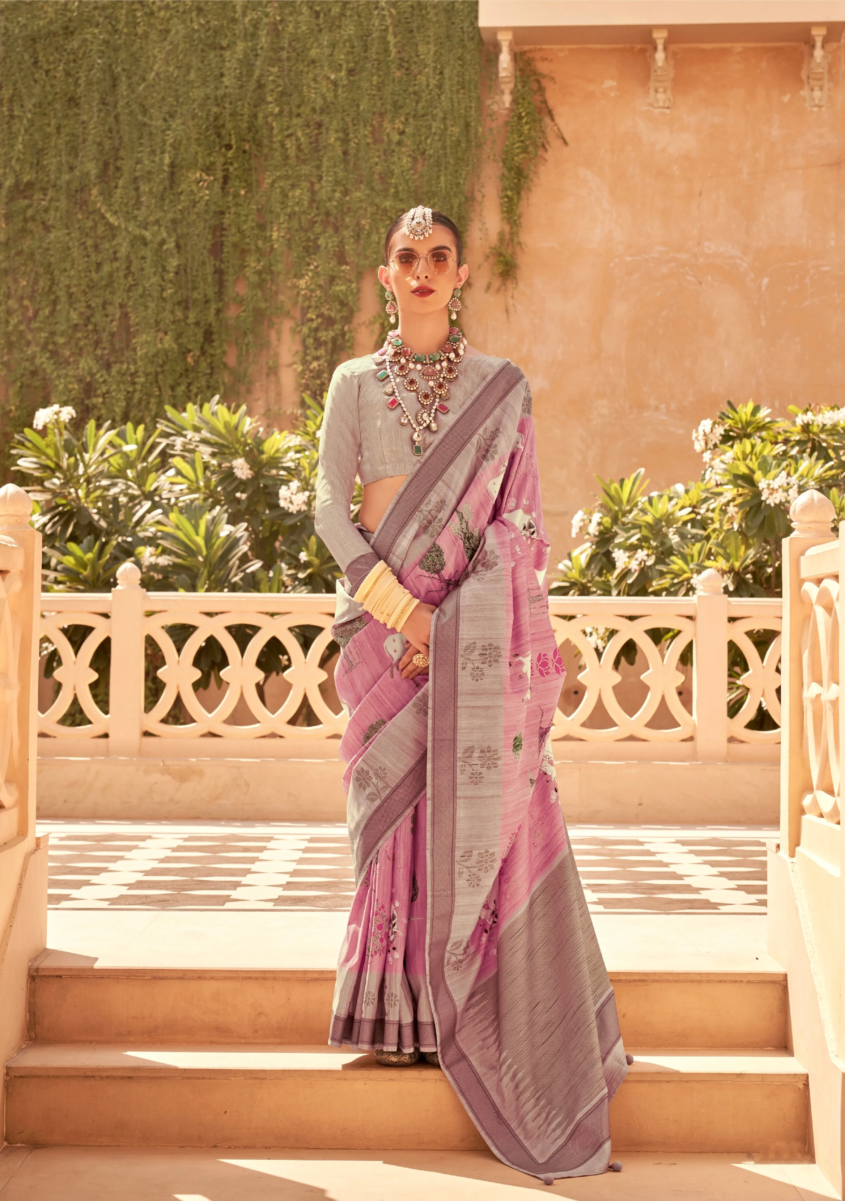 Light Grey and Pink Super Pv Raw Silk Saree with Foil Print