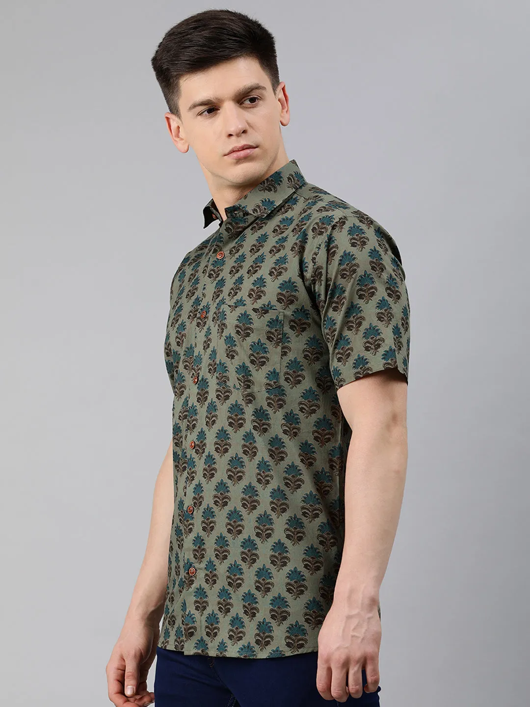 Men's Green Cotton Short Sleeves Shirts For Men - Taantav