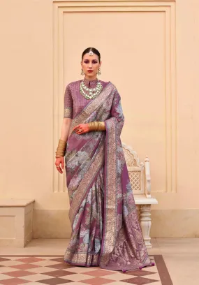 Purple Super Pv Silk Saree with Floral Print and Matching Blouse