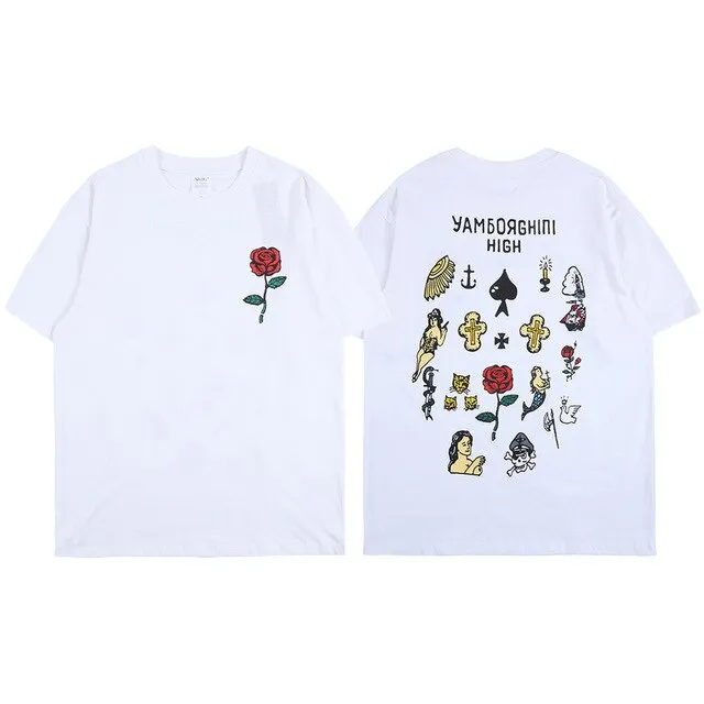 Rose and Graphics Short Sleeve Oversized T-Shirt