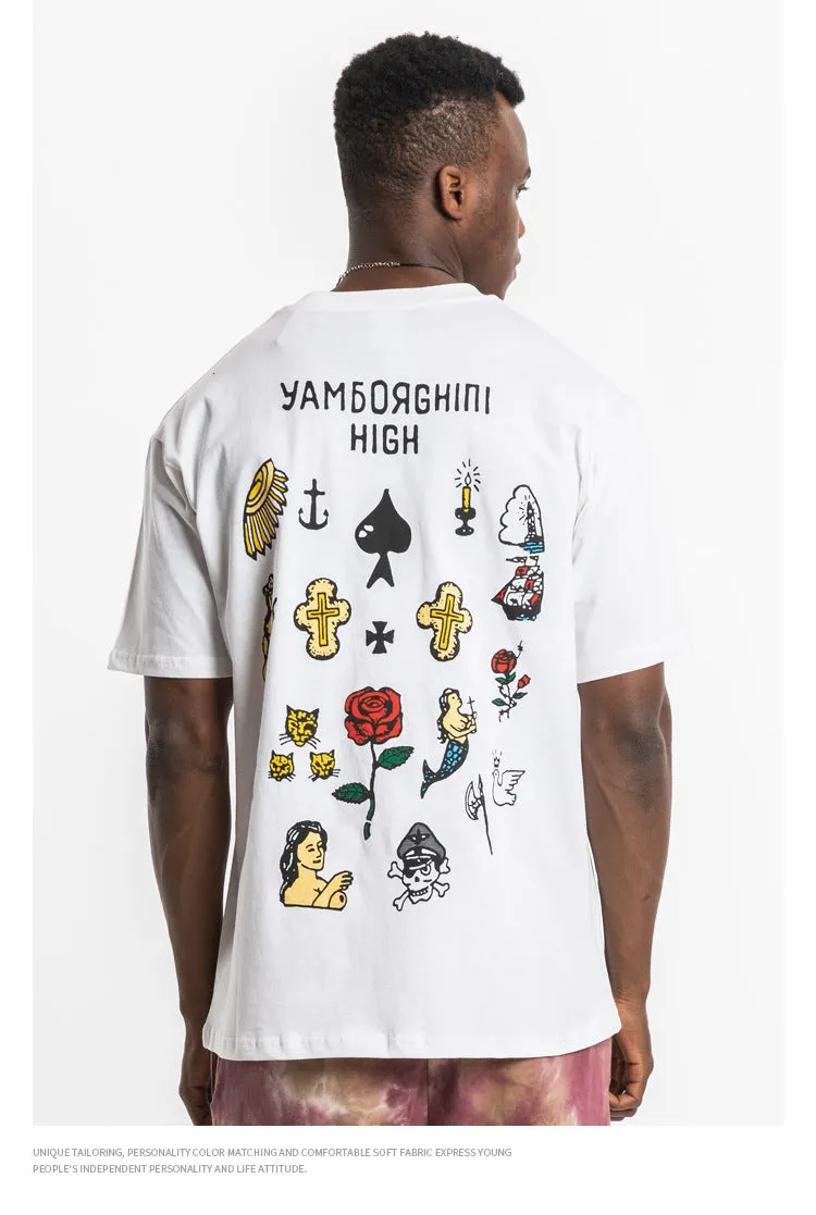 Rose and Graphics Short Sleeve Oversized T-Shirt