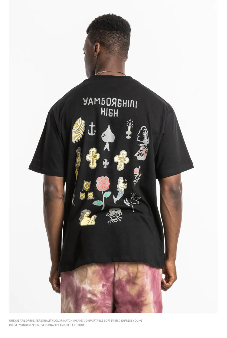 Rose and Graphics Short Sleeve Oversized T-Shirt